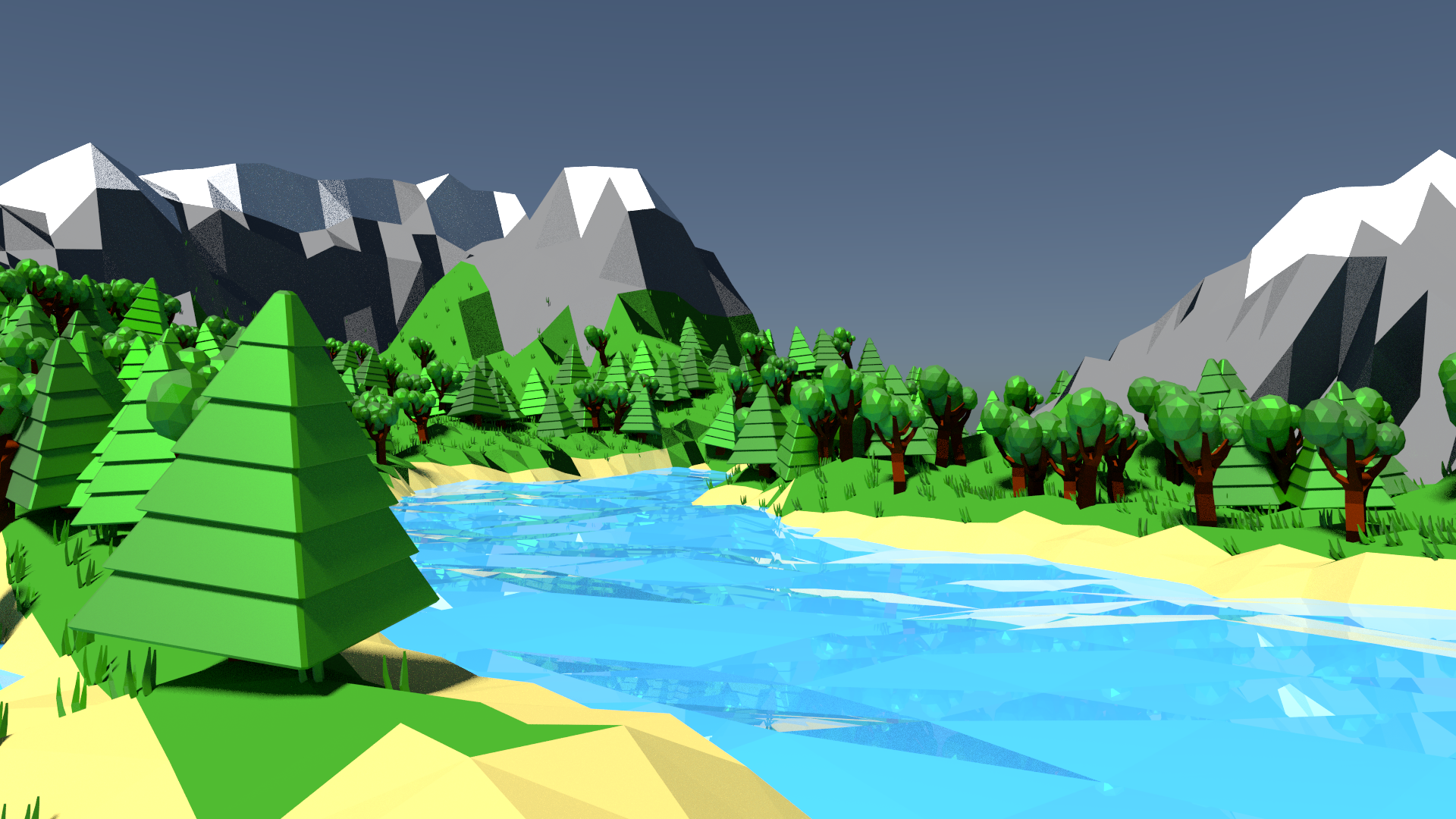 3D rendering, low poly style with cartoonish bright colors. Scene of a landscape with a river and mountains in the background. The mountains are gray with white tops. The water is cyan and a bit metallic. The land left and right to the river is very green and full of trees.